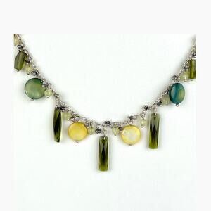 Lia Sophia Sea Grass Necklace Mother Of Pearl Discs Dangling Green White Beads
